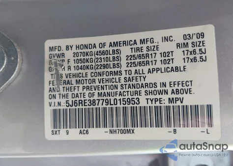 2009 Honda Cr-V Ex-L from USA, damaged, VIN 5J6RE38779L015953